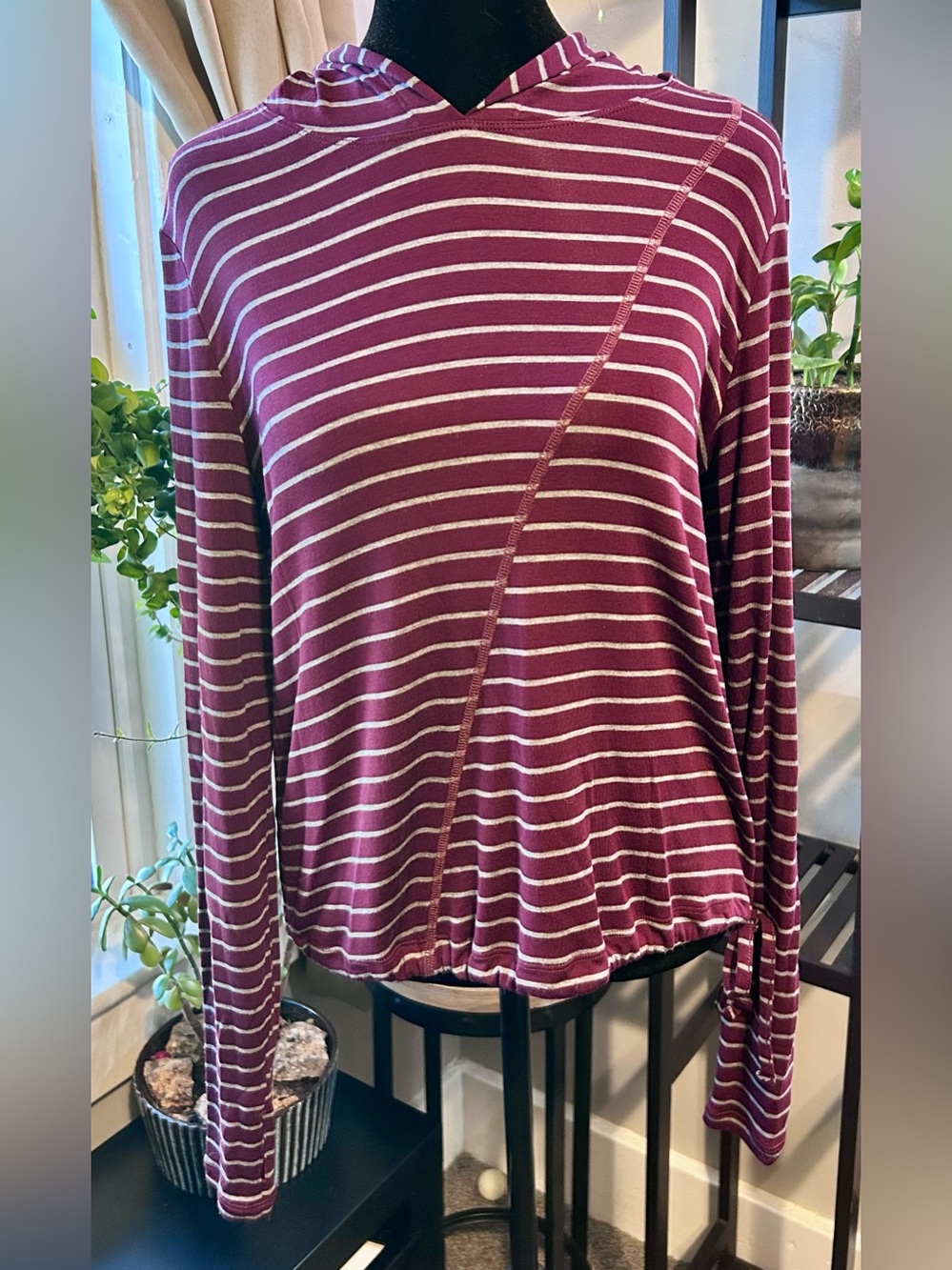 Cabi Striped Hooded Long-Sleeve Top in Burgundy and Cream with Thumb Holes